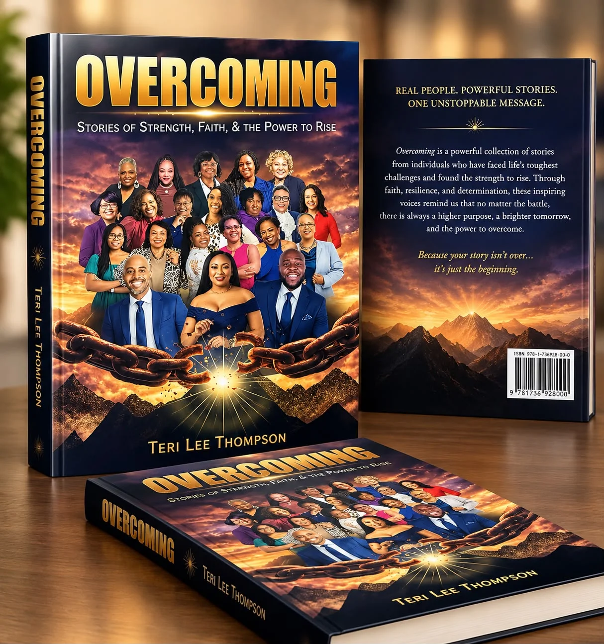 Overcoming three-dimensional book mockup showing the front, back, and stacked book